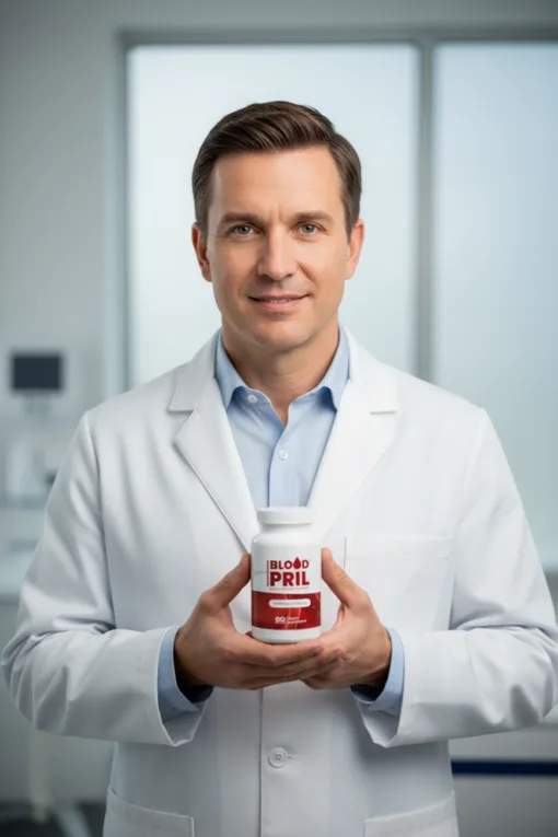 Health professional holding a bottle of BloodPril